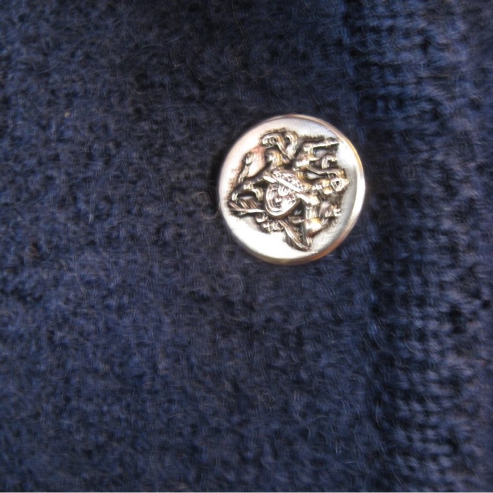 Boiled Wool Cardigan Sweater / Vtg / Skyr Navy Wool Cardigan with pink rose - Picture 3 of 6